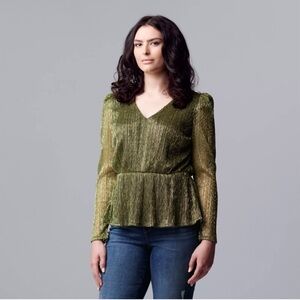 Simply Vera Vera Wang Gold/Black Pleated Peplum Blouse